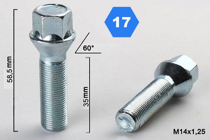 M14x1,25, Verlengde wielbout conisch, Draadlengte 35mm, SW 17
